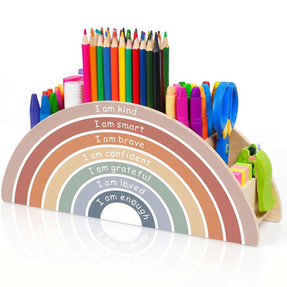 Poola Voidra Back to School Boho Rainbow Pen Holder, 11.5" x 4.8" Desk Wooden Inspirational Positive Affirmations for Office Supplies Classroom Art Supply Makeup Brush Storage for Kids Present