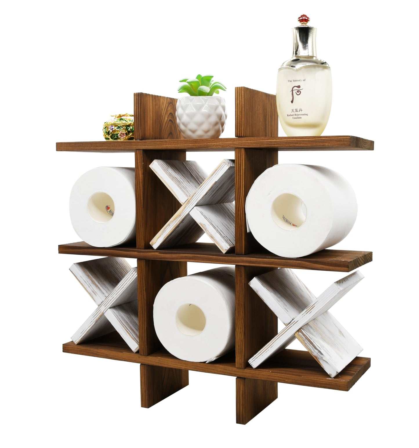 Owlgift Tic Tac Toe Toilet Paper Holder Rack Rustic Burnt Wooden Toilet Paper Storage Bathroom Hanging Storage Wall Mounted Shelves Décor for Toilet Tissue Farmhouse