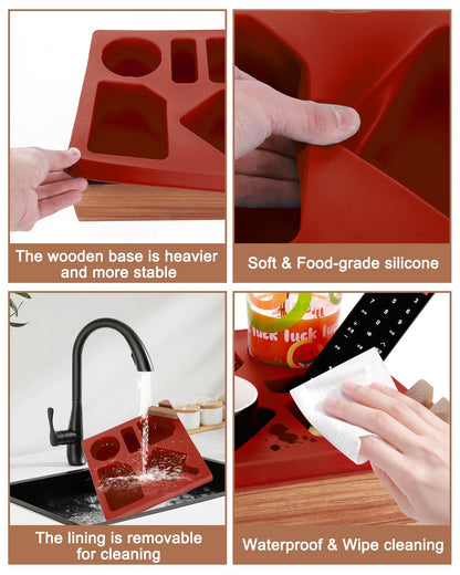 Couch Cup Holder Tray, Silicone Wooden Couch Caddy with Cup Holder for Snacks, Drinks, Remotes, Waterproof Cup Holder for Couch, Organizer, Couch Drink Holder, (red)