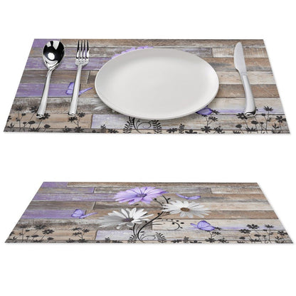 Daisy Placemats Set of 4, 12x18 Inch Farmhouse Daisy Floral Purple Butterfly Retro Wooden Plank Seasonal Spring Summer Holiday Farmhouse Coffee Table Mats for Party Kitchen Dining Decoration