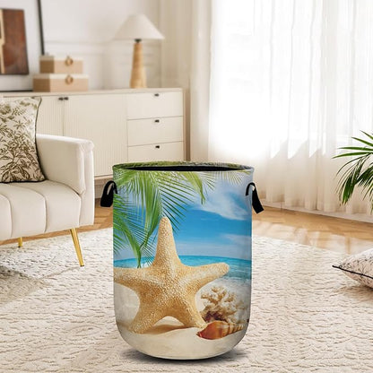 Starfish Seashell Laundry Basket, Ocean Sea Beach Laundry Hamper Collapsible