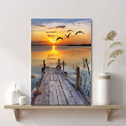 Sunset Wall Art Lakeside Pier Trail Canvas prints Sunset Nature Landscape Painting for Home Living Room Bedroom Office (12x16 inch) Framed