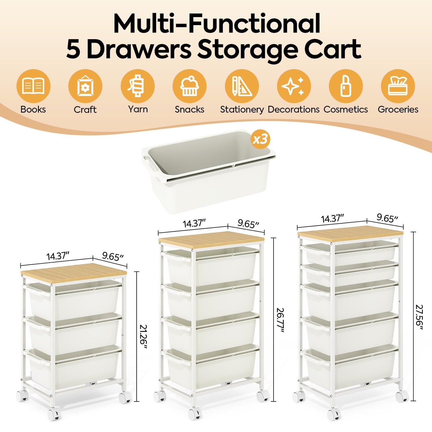 Slim Rolling Storage Cart with 3 Drawers, Craft Organizer, Wooden Tabletop Utility Cart for Bedroom, Children's Room and Office Organization, Under Desk Trolley with Lockable Wheels,White
