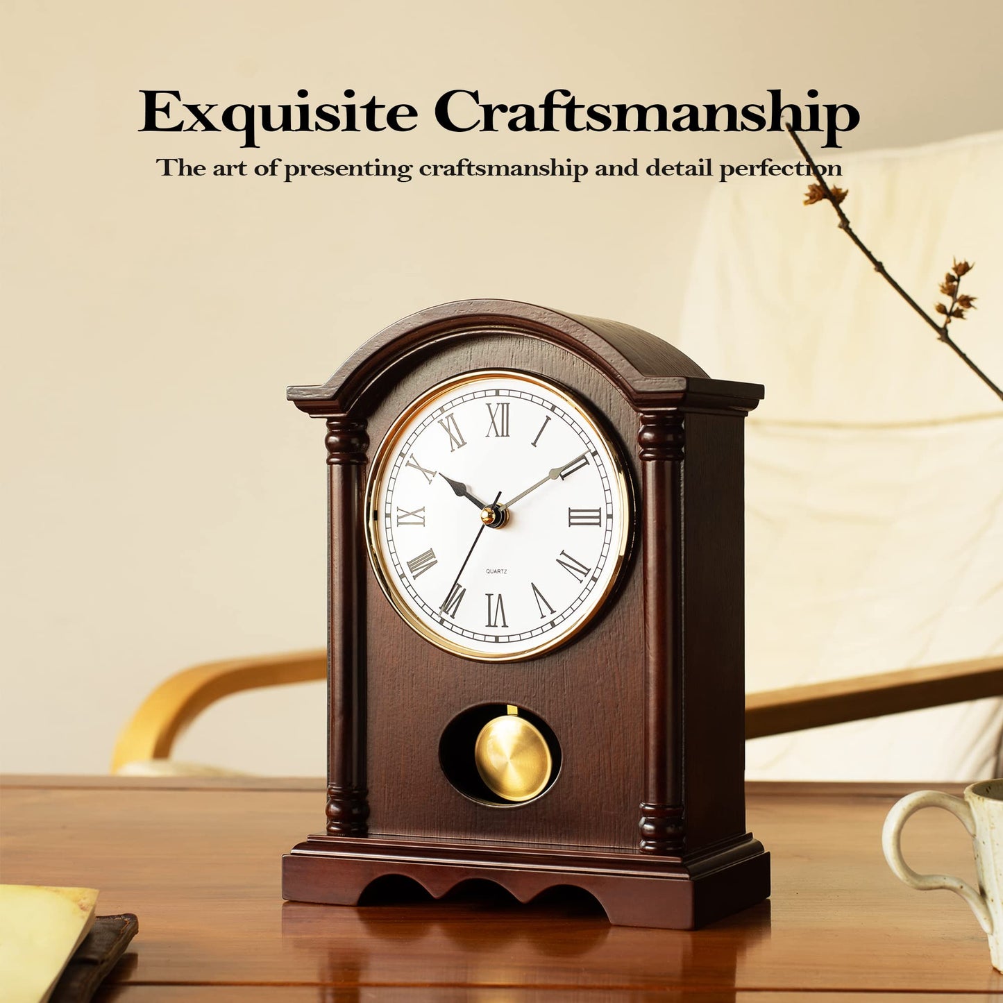 AYRELY® Classic Grandfather Mantel Clock for Living Room Déco, Elegant Wooden Finish, Gold-Tone Pendulum, Desk Clock for Living Room, Bedroom, Farmhouse Décor