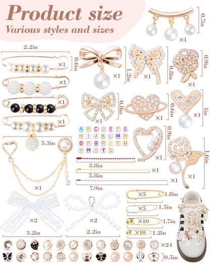 RQAYE 410pcs Shoe Charms for Sneakers & Accessories - DIY Shoe Lace Pearl Rhinestone Brooches and Pins for Women,Junk Socks Charms Kit and Satin Cute Shoelace Accessories