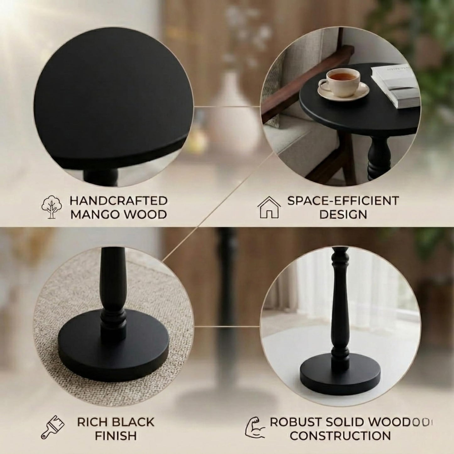 Relso Stambha Solid Wood Drink Table - 24" Tall Round Accent Side Table, Handcrafted Black Finish, Mango Wood, Perfect for Living Room, Bedroom or Indoor Plant Stand, 12" Compact Top
