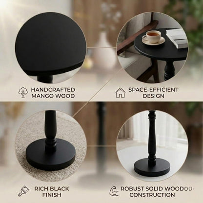 Relso Stambha Solid Wood Drink Table - 24" Tall Round Accent Side Table, Handcrafted Black Finish, Mango Wood, Perfect for Living Room, Bedroom or Indoor Plant Stand, 12" Compact Top