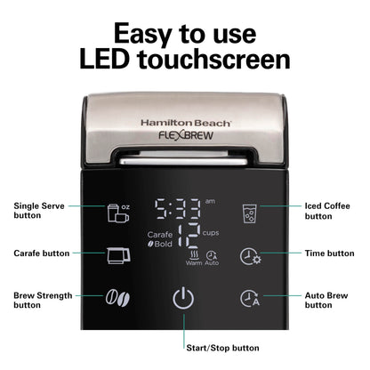 Hamilton Beach FlexBrew Advanced 5-in-1 Programmable 12 Cup Drip and Single Serve Hot & Iced Coffee Maker with Movable 60 oz. Water Reservoir, Use Pod Packs and Grounds, Fast Brewing, Black (49924)