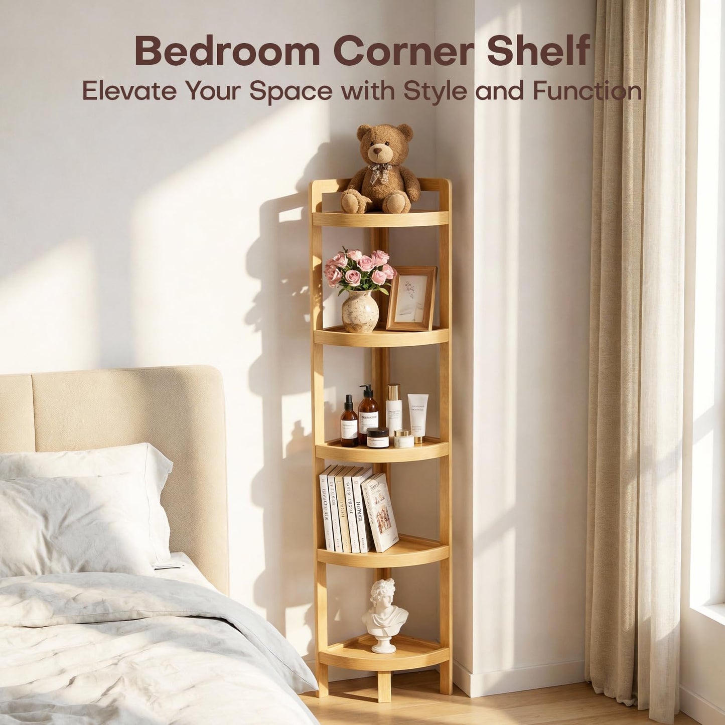 2026 New Bamboo Standing Shelf, 5 Tier Corner Shelf Stand, Free-Standing Shelf Units, Triangular Curved Corner Shelf Stand for Space-Saaving Display Ideal for Bathroom/Kitchen/Living Room Storage