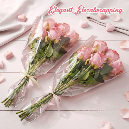 Jaloro 200 Pcs Pink Flower Bags for Bouquets 17.7 x 11 Inch Mother's Day Large Plastic Flower Sleeves Bulk with Ribbon Florist Supplies for Wedding, Birthday, Spring Graduation Gift Wrapping