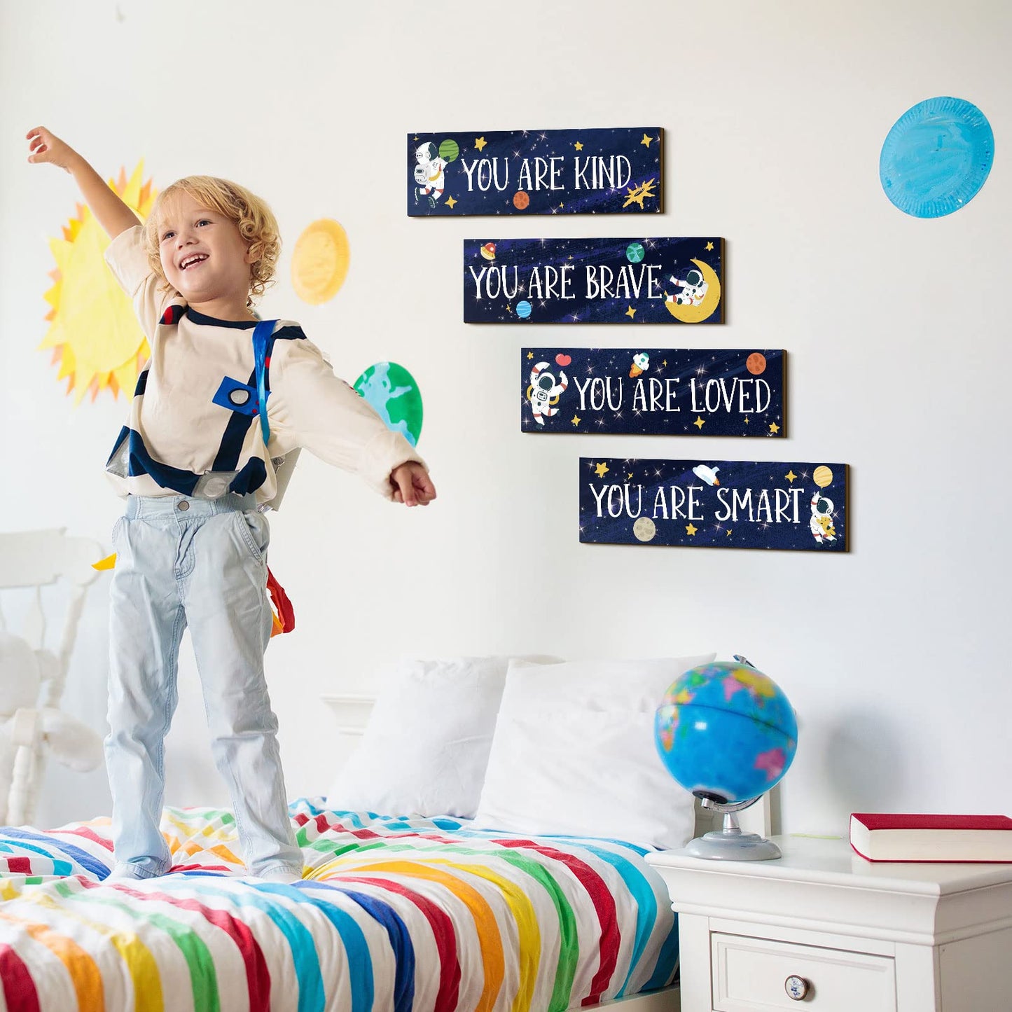 Yookeer 4 Pcs Space Room Decor for Kids Boys Outer Space Wall Art Bedroom Decor for Nursery Classroom Astronaut Galaxy Posters Spaceman Wood Sign Be Brave and Be Kind for Baby Boy(You)