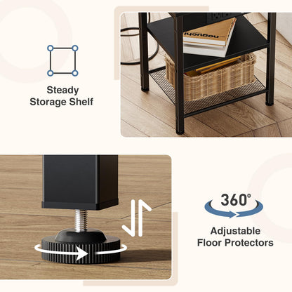 DUMOS 15.7" Small Side Table with Charging Station, End Table with Outlets & USB Ports, 3-Tier Adjustable Storage Nightstand for Living Room, Bedroom, Small Spaces, Record Player Stand, Black