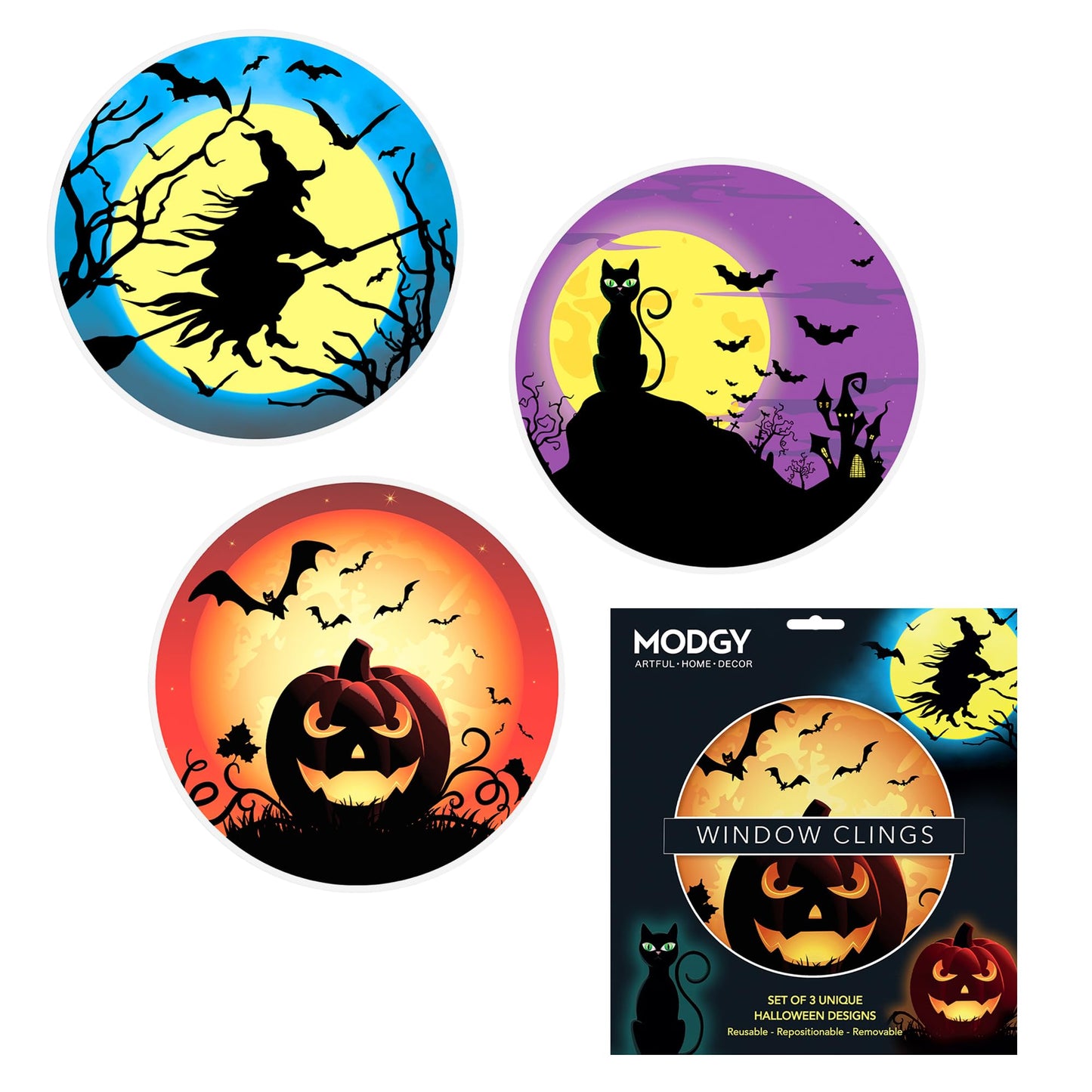 MODGY Window Art Clings, Decal Stickers and Decorations for Glass, Peel and Stick Decor, Removable, Reusable, 9 Inches Each, Set of 3 Per Sleeve, Halloween