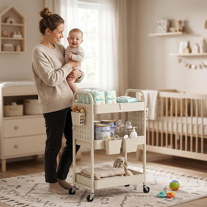 danpinera 3 Tier Rolling Cart with Retractable Dividers, Multi-Functional White Rolling Utility Cart with Pegboards, Hooks & Hanging Cups for Nursery, Living Room, Studio
