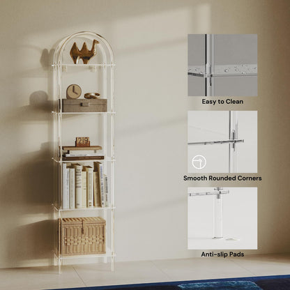 CRTERICX 5-Tier Acrylic Arched Bookcase, Clear Narrow Bookshelf for Small Space, 13.8''W x 11.8''D x 57.1''H, Open Display Book Shelves for Home Office, Living Room, Bedroom, Modern