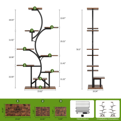 Plant Stand Indoor with Grow Light: Lighted Plant Stands 56.5" Tall, 9 Tiered Large Plant Shelf for Indoor Growing, S-Shaped Flower Holder Display for Multiple Plants, Living Room, Patio (Black)