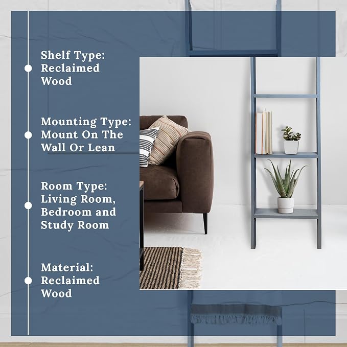 BARNWOODUSA Throw Blanket Ladder – Fully Assembled Reclaimed Wood – Rustic Decorative Ladder for Towels, Quilts, & More – Perfect Decor for Bathroom, Porch, or Living Room,5' x 18" Slate Blue