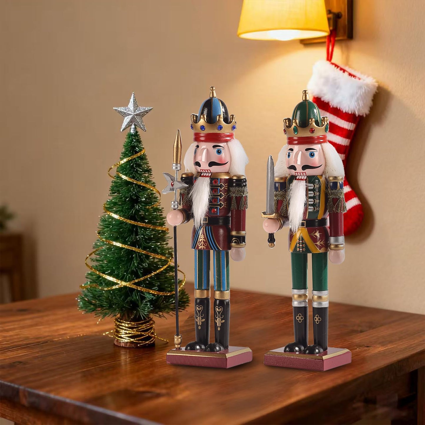 KoolShare 12-Inch Christmas Nutcracker Figurines, Set of 2 Traditional Wooden King & Soldier with Sword & Spear, Handcrafted Standing Holiday Decorations for Fireplace, Shelf, or Tabletop Display