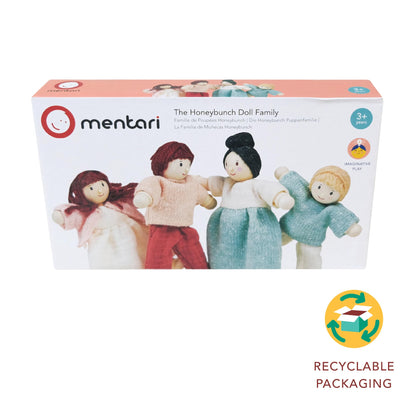 Mentari Toys - The Honeybunch Doll Family - 4pc Poseable Wooden Doll Set with Fabric Clothes - Perfect for Dollhouses and Small World Play - Encourages Imaginative Play and Social Skills - Age 3+
