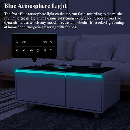 Smart Coffee Table with Fridge and Bluetooth Speakers, Smart Refrigerator Table with 15W Wireless Charger, Touch Control Panel, USB Port, Atmosphere Light and More, LT90 Pro-White
