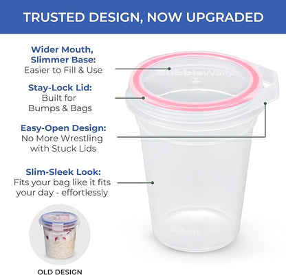 BubbleWally JoyPlus Overnight Oats Containers with Lids Plastic (Pink) - Meal Prep Containers Reusable for Food Storage – 16oz Jars for Breakfast, Snacks, and Lunch