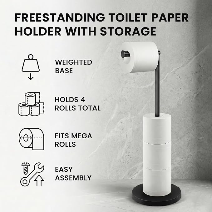 Cesun Extra Weighted Base Toilet Paper Holder Stand - SUS304 Rust Proof Free Standing Tissue Roll Holder for 4 Rolls, No Tipping, No Slipping, Matte Black