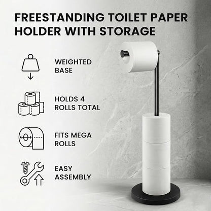 Cesun Extra Weighted Base Toilet Paper Holder Stand - SUS304 Rust Proof Free Standing Tissue Roll Holder for 4 Rolls, No Tipping, No Slipping, Matte Black
