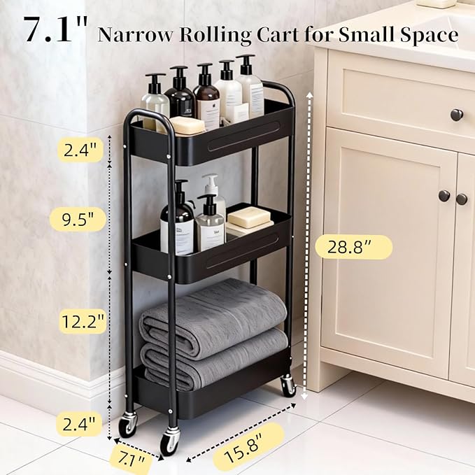 3 Tier Slim Metal Rolling Storage Cart for Laundry Room & Kitchen Organizer, 7.1'' Thin Standing Shelf for Narrow Spaces, Utility Cart with Wheels & Lockable Casters for Bathroom, Black