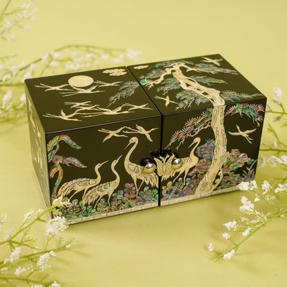February Mountain Mother of Pearl Sea Shell Inlaid Wooden Cube Jewelry Organizer Box - Perfect for, Bracelets, Trinkets, Watches, Earrings, Chains & Accessories