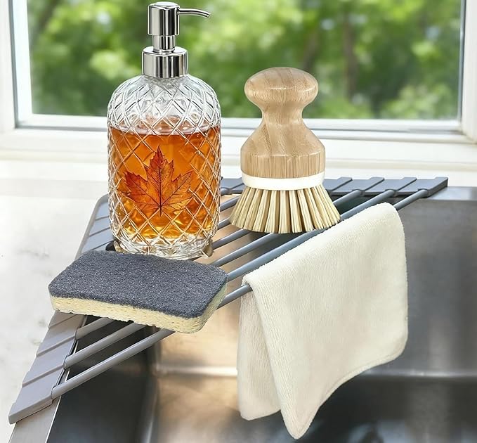 Corner Sink Caddy Kitchen Sink Organizer, Silicone Wrapped Triangle Roll Up