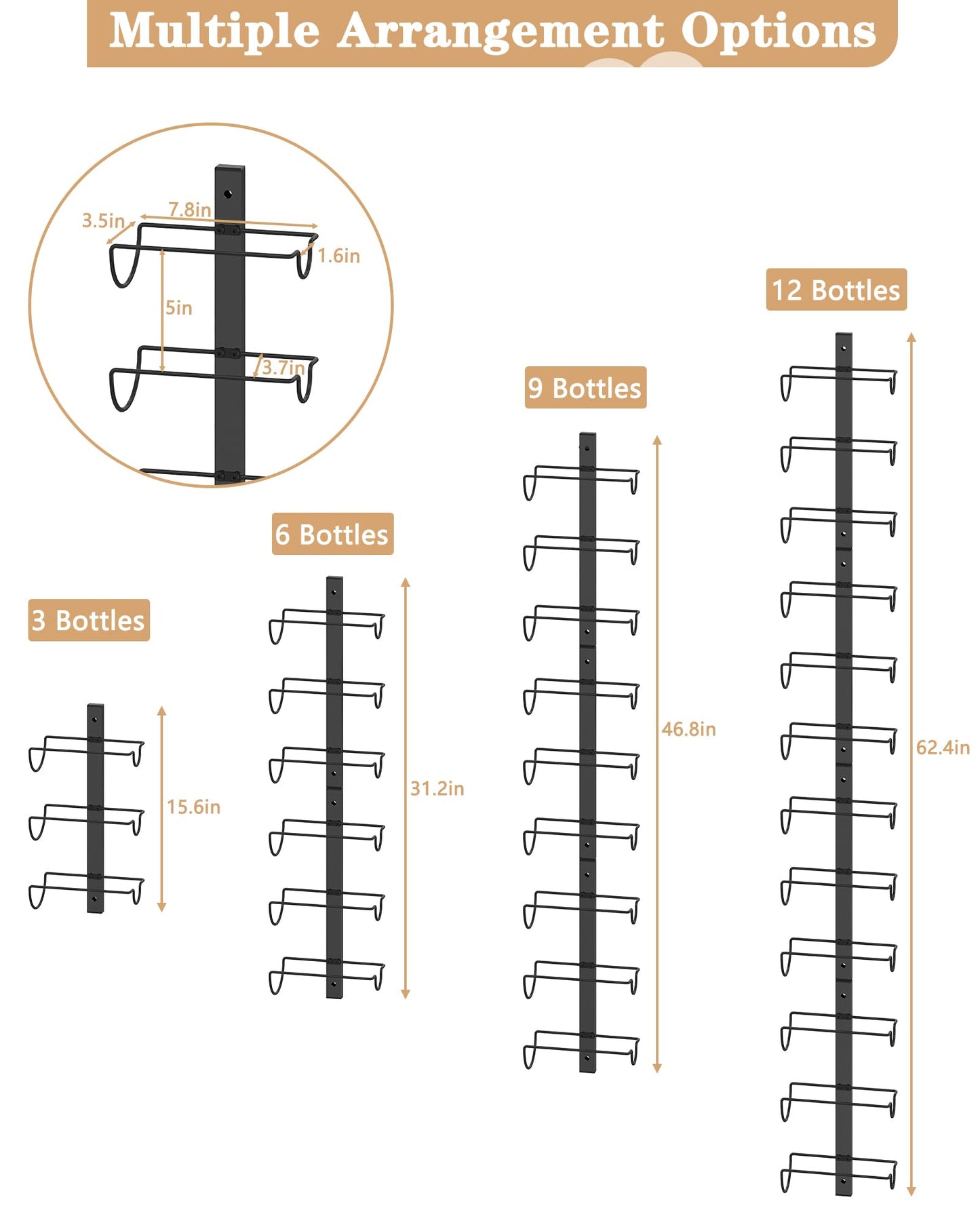 X-cosrack DIY 12 Bottles Wall Mounted Wine Rack, Detachable Wine Storage Organizer, Used Alone or A Set of 4, Wall Wine Display, for Kitchen, Dining Room, Bar, Wine Cellar