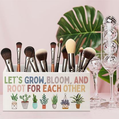 URLLUAE Boho Plant Classroom Wooden Pen Pencil Holder for Office Desk Accessories, Back to School Supplies for Students College Boys Girls Teachers First Day of School, Let's Root for Each Other