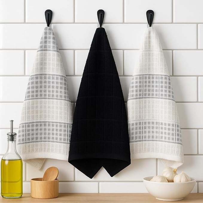 Black Gray Kitchen Dish Towels- Set of 3 100% Cotton Cloth Soft Cleaning Drying