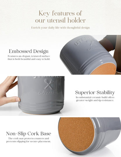AISBUGUR Large Ceramic Utensil Holder 7.5" H×6.3" W with Slanted Mouth - Utensil Crock with Non-Slip Cork Base for Kitchen Counter, Ideal for Decor & Gift,Grey