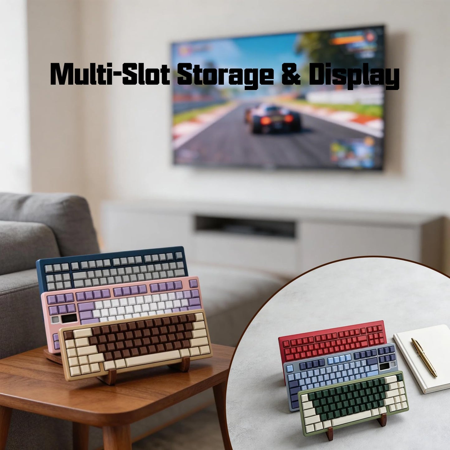 UULENNYM Keyboard Display Stand, Keyboard Display – Three-Layer Wooden Mechanical Keyboards Stand, Stable Desktop Organizer for Keyboards & Accessories, Space-Saving Design