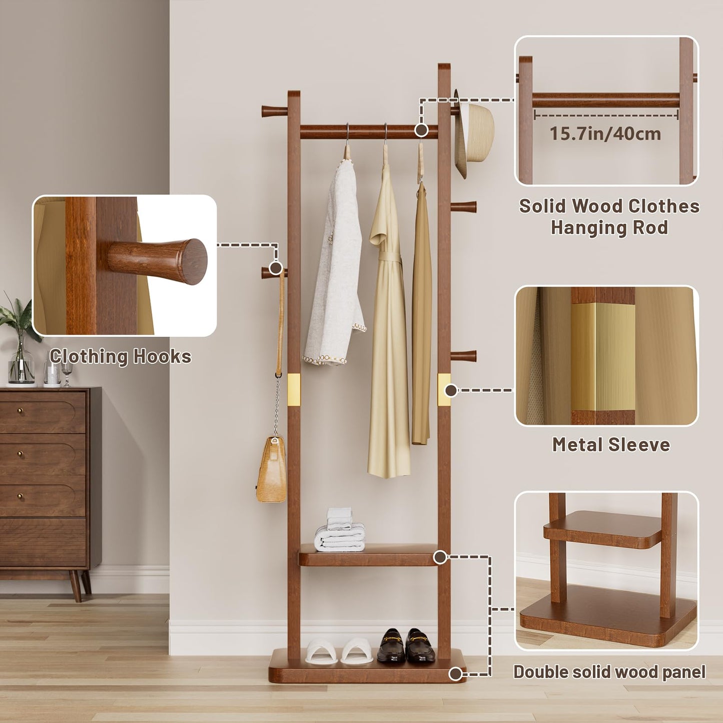 Taitiy Solid Wood Coat Rack, Freestanding Clothing Rack with 2 Shelves Storage & 5 Hooks, Heavy Duty Clothes Rack Stand for Hall, Bedroom, Living Room