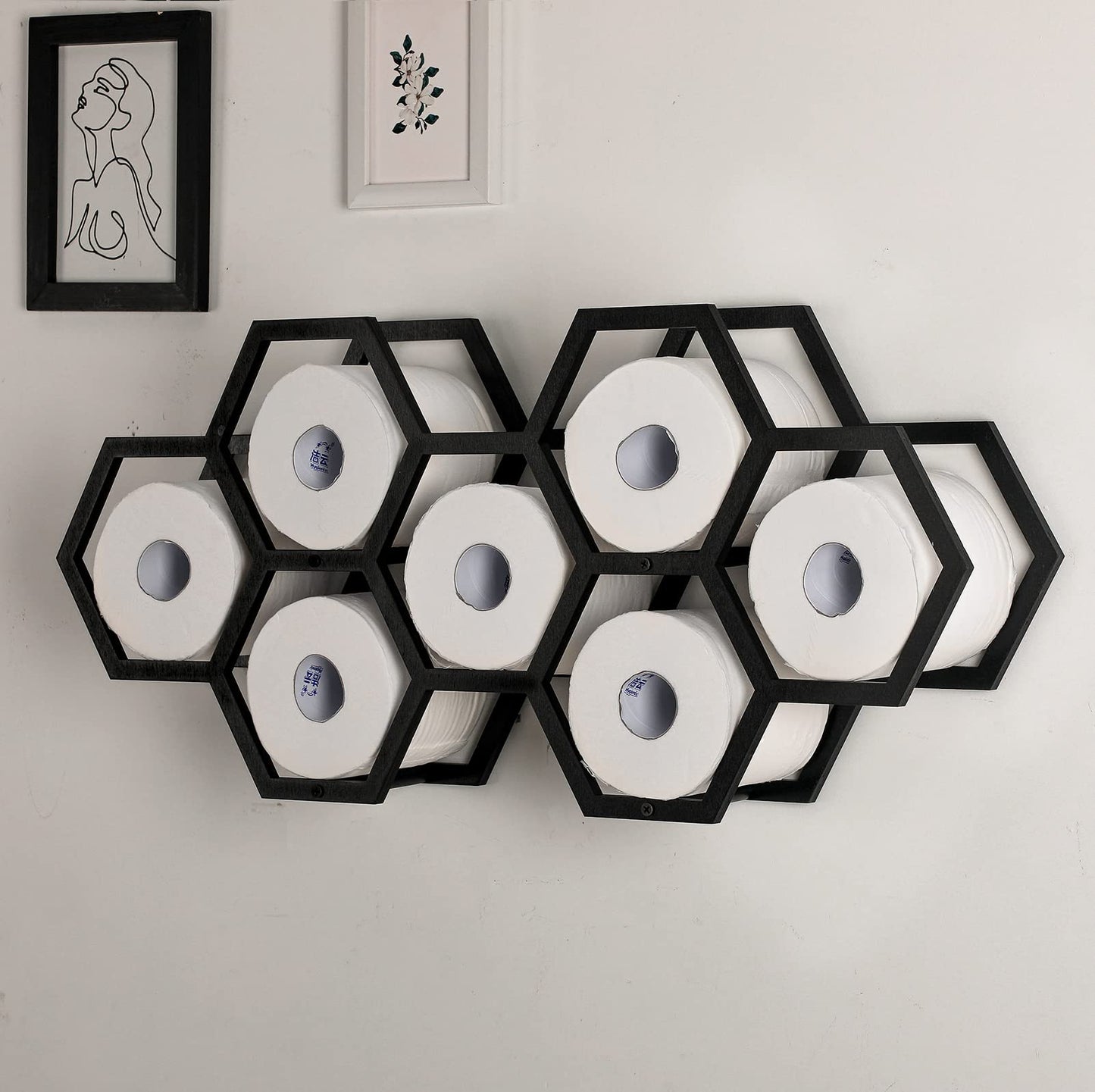 Beeveer Hold 7 Rolls Modern Floating Honeycomb Toilet Paper Holder Stand Modern Wooden Toilet Paper Storage Shelves for Tissue Honeycomb(Black)