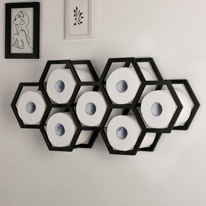 Beeveer Hold 7 Rolls Modern Floating Honeycomb Toilet Paper Holder Stand Modern Wooden Toilet Paper Storage Shelves for Tissue Honeycomb(Black)
