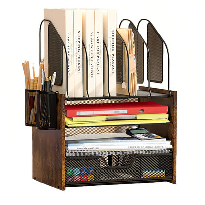 Boershun Wood Desk Organizer - 4-Tier Desktop File Organizer with Drawer, Wooden Paper Tray, Vertical File Holders & 2 Pencil Holders - Office Desk Organizer for Papers, Mail, Notebooks, Stationery