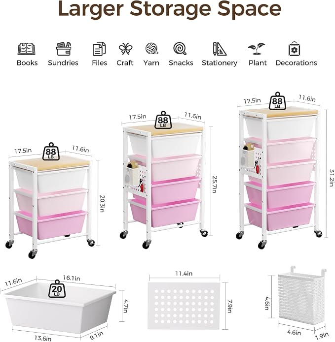 Rolling Cart with 3 Drawers, Plastic Drawer Storage Carts with Lockable Wheels & Wooden Tabletop, Metal Utility Cart Organizer, Office Bedroom Classroom Craft Organization and Storage, Bright Pink