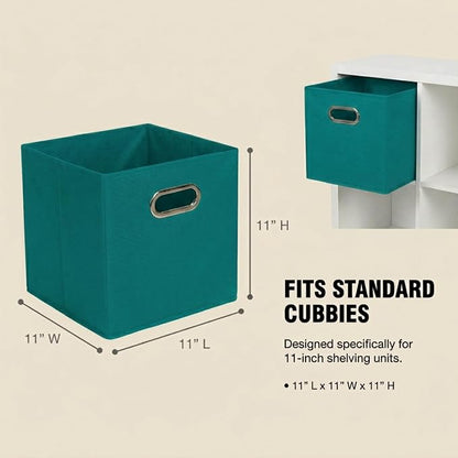 Household Essentials Fabric Storage Bins in Strong Poly‑Woven Fabric, Sturdy Chipboard Sides, Grommet Front Handle, Teal Green, Set of 6