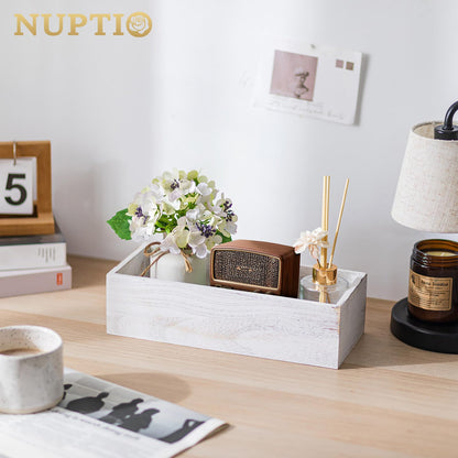NUPTIO Wooden Box Centerpiece for Table: 2 Pcs 11.8" Long Wood Rectangle Planter Boxes - Farmhouse Washed White Planters for Fall Wedding Dining Living Room Window Mantel Table Decor