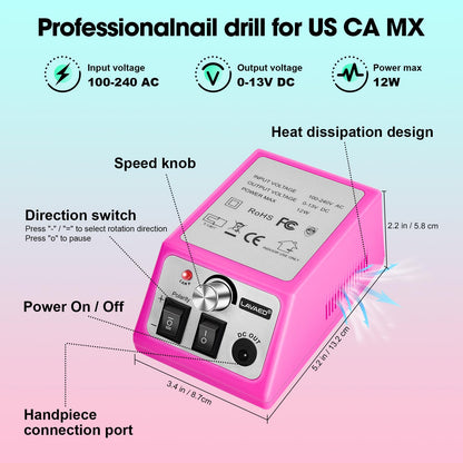 LAVAED Professional Nail Drill Electric Nail File Kit, Nail Filer Electric with 156pcs Sanding Bands and Nail Dril Bits for Acrylic, Gel Nail Manicure and Pedicure, Pink