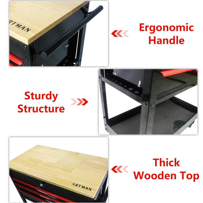 KEIKI 3-Drawer Rolling Tool Cart with Lift-Up Wooden Top, Utility Tool Box, Multi-Functional Tool Storage Organizer Cabinet for Garage, Warehouse, Workshop, Repair Shop, Black