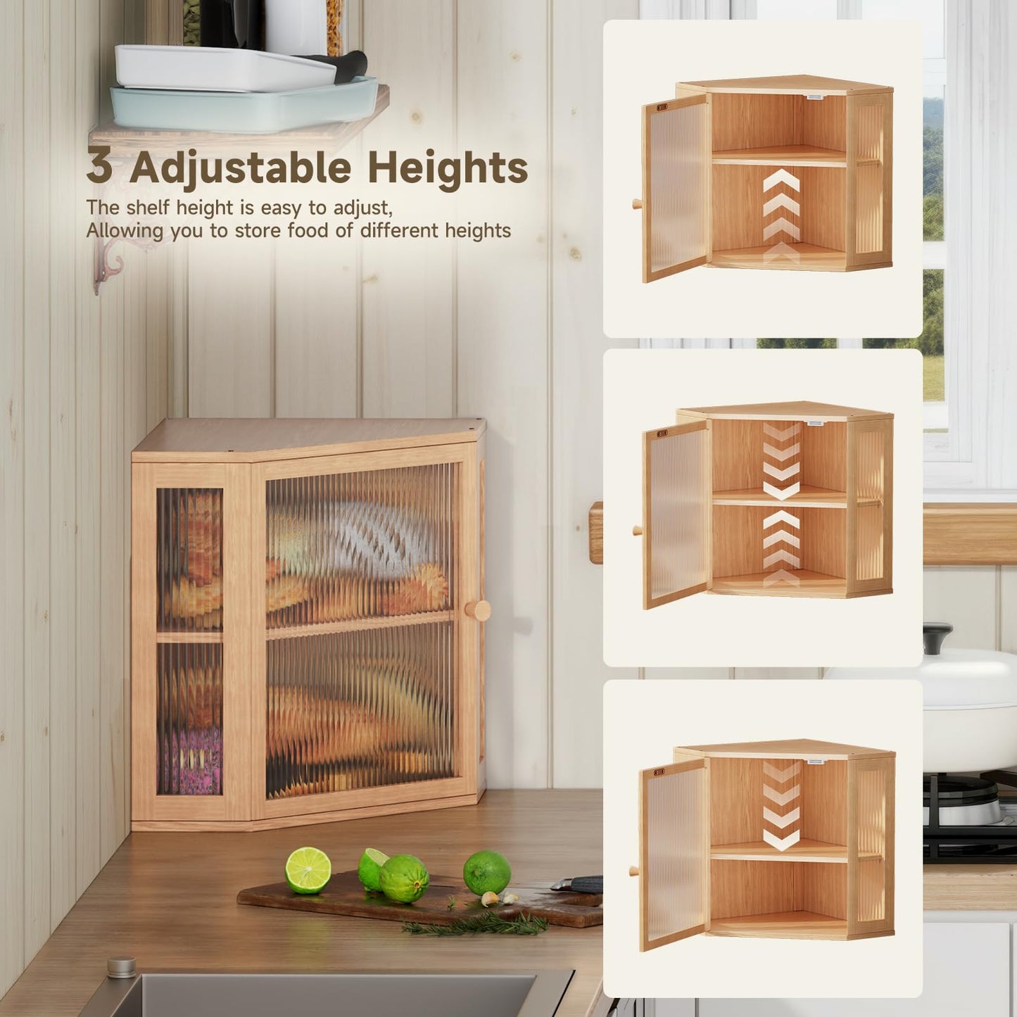 Vellzeyce Corner Bread Box for Kitchen Countertop,Double Layer Large Capacity Bread Storage Bin, Bamboo Bread Container with Acrylic Door (Natural, Mediun)