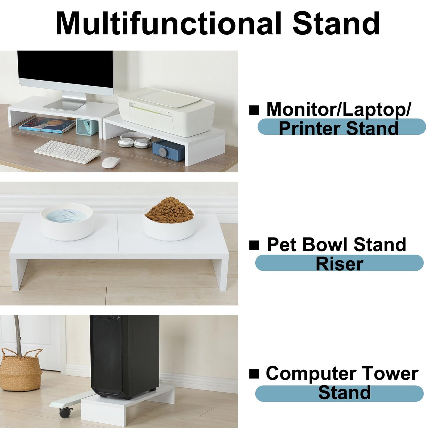 TEAMIX 2 Pack White Monitor Stand Riser - 20 inch, Wooden Desktop Stand for PC/TV/Laptop/Printer, Monitor Riser with Storage, Computer Stand with Keyboard Organizer