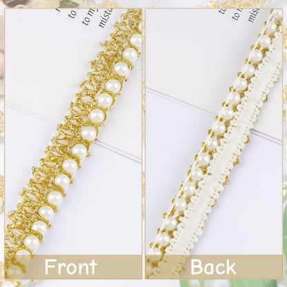 URROMA White Gold Pearl Trim - 10 Yards Beaded Lace Trimming Embroidery Embellishment Ribbon for Sewing Fabric, Garment Accessories, Dress Bag Decoration, Crafts DIY