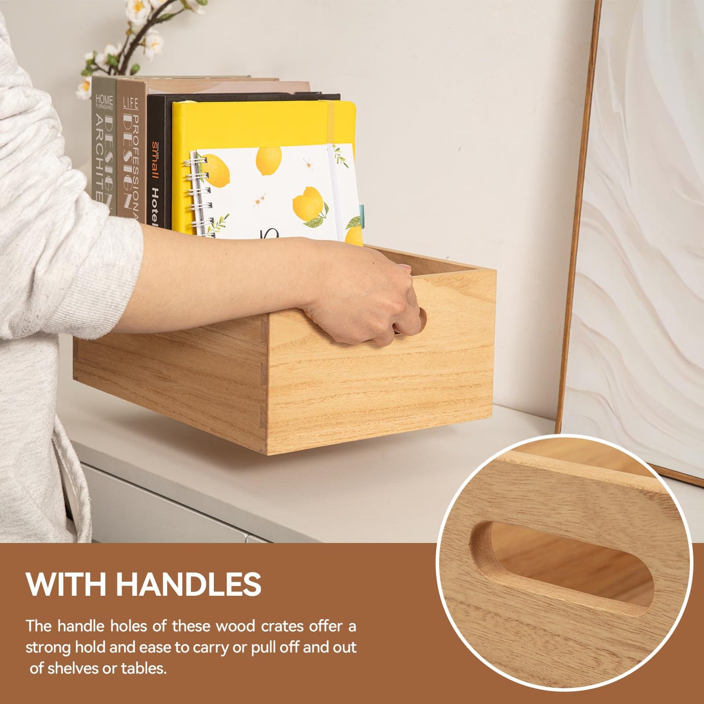 KIRIGEN Nesting Wood Crates with Handles, Set of 3 Decorative Storage Boxes, Farmhouse Shelf Bins for Pantry, Bathroom, Craft Room, Towels, Books, 15.75 x 11.8 x 5.9 in, Natural 3TH-NA