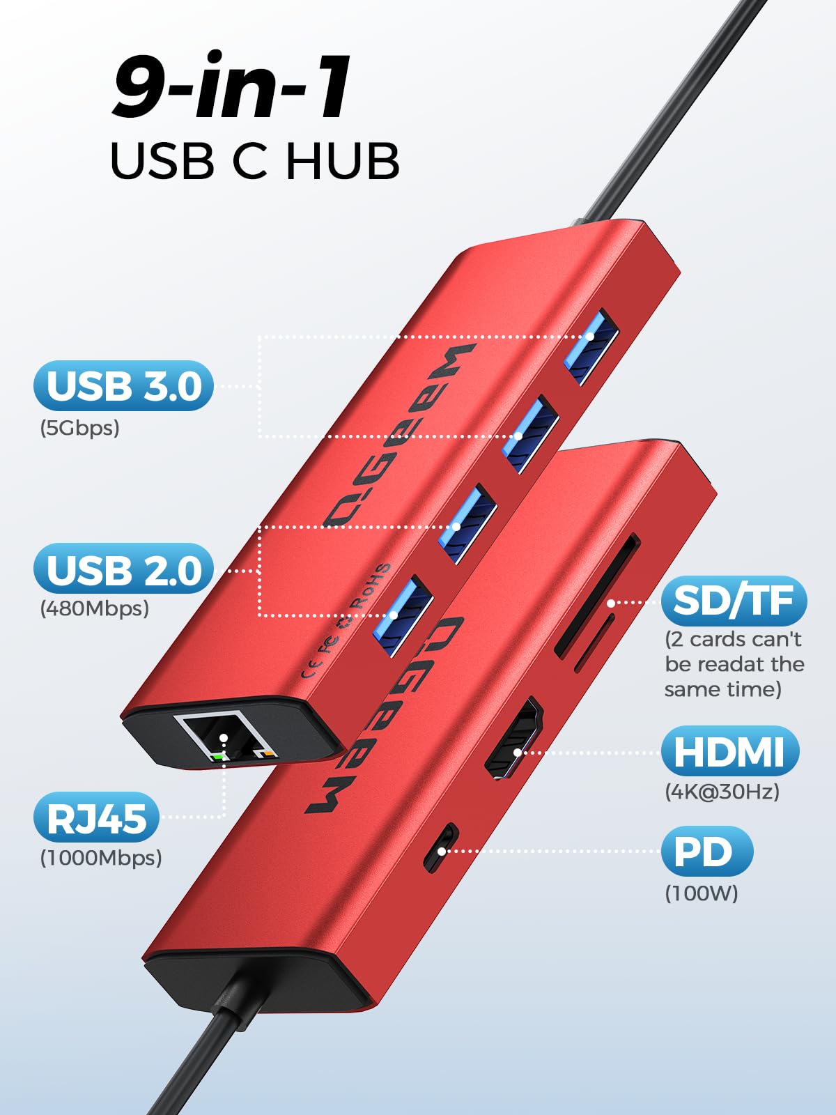 QGeeM USB C Hub Ethernet,9 in 1 USB Type C Hub HDMI Multi-Port Converter Adapter,100W Pd, USB 3.0,SD/TF Card Reader,Compatible for MacBook Pro Air Ipad HP Dell Lenovo Chromebook etc.