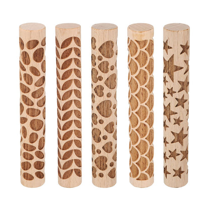 HARFINGTON 5pcs Wood Clay Roller 4" Star Pattern Rolling Pins Wood Rollers Pottery Tools Wood Grain Texture Rollers for Clay Baking Dough Playdough DIY